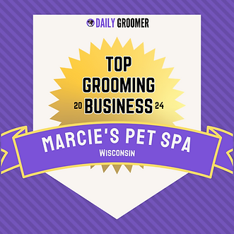 A purple and gold badge from Daily Groomer labeling Marcie's Pet Spa, Wisconsin, a Top Grooming Business for 2024.