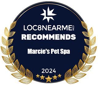 A 2024 Loc8NearMe.com award seal with gold laurel leaves on a dark blue background, recommending Marcie's Pet Spa.