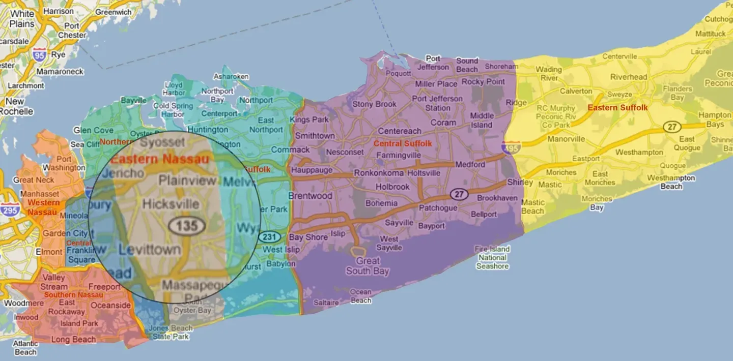 Color-coded map of Long Island showing towns and county areas with labels and roads