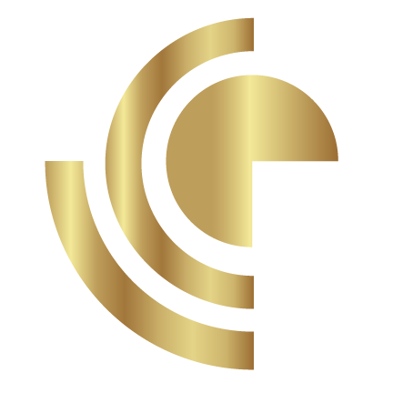 A gold and white logo on a white background.