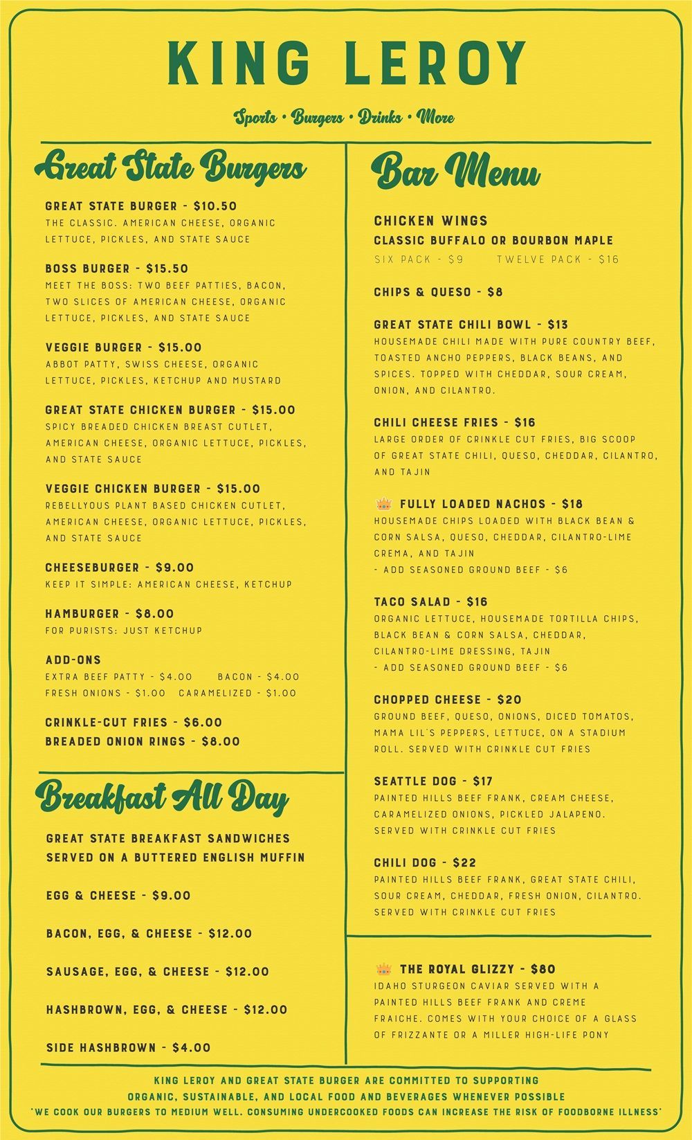 King Leroy Bellevue menu front side 