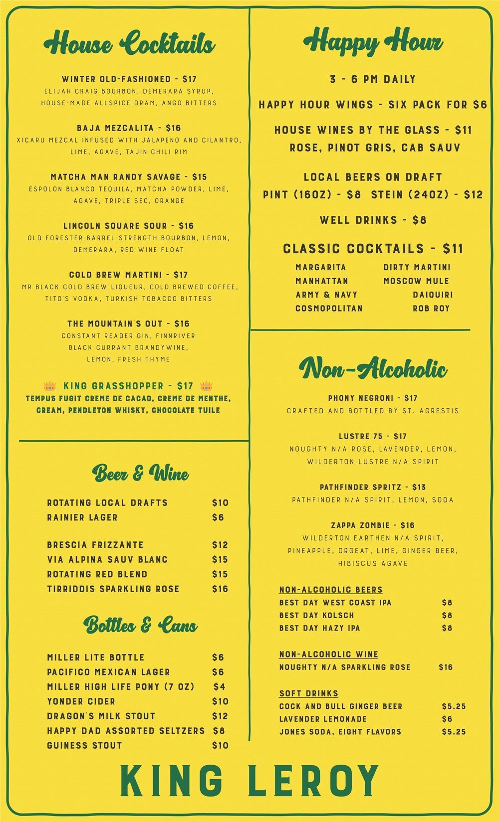 King Leroy Bellevue menu back side 