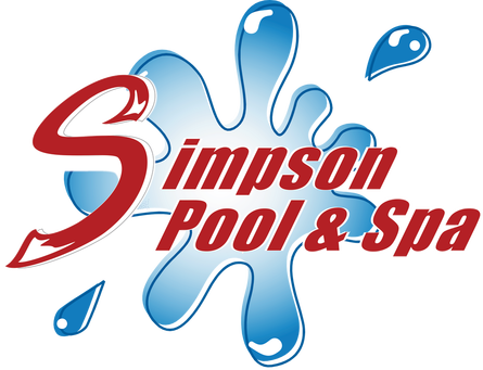 A logo for simpson pool and spa with a splash of water