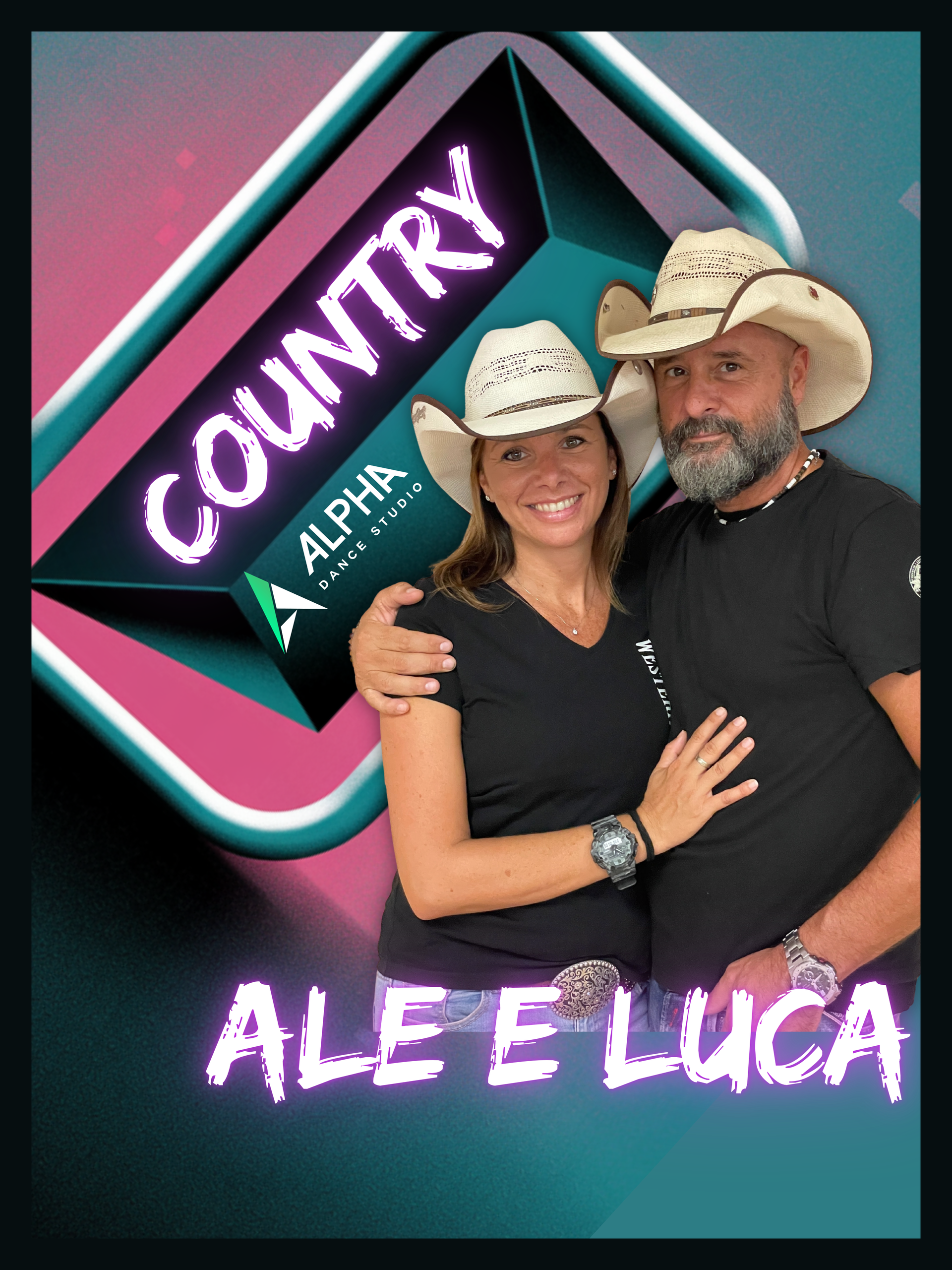 Coppia con cappelli da cowboy; logo 