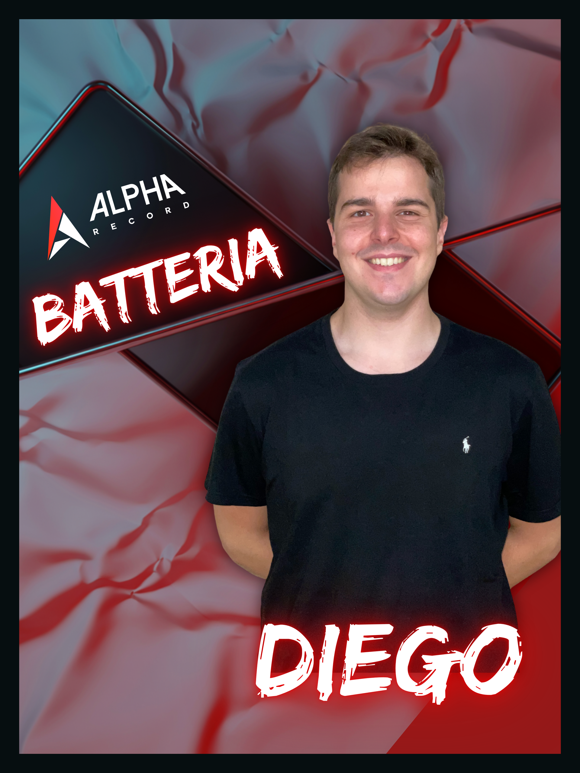 Un uomo, Diego, sorridente con una camicia nera, su uno sfondo rosso e nero. La scritta recita 