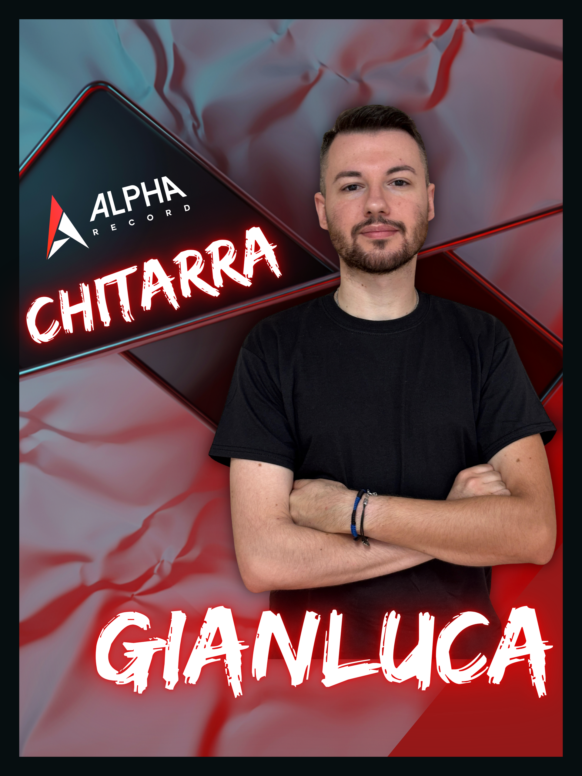 Uomo con braccia incrociate, scritta 
