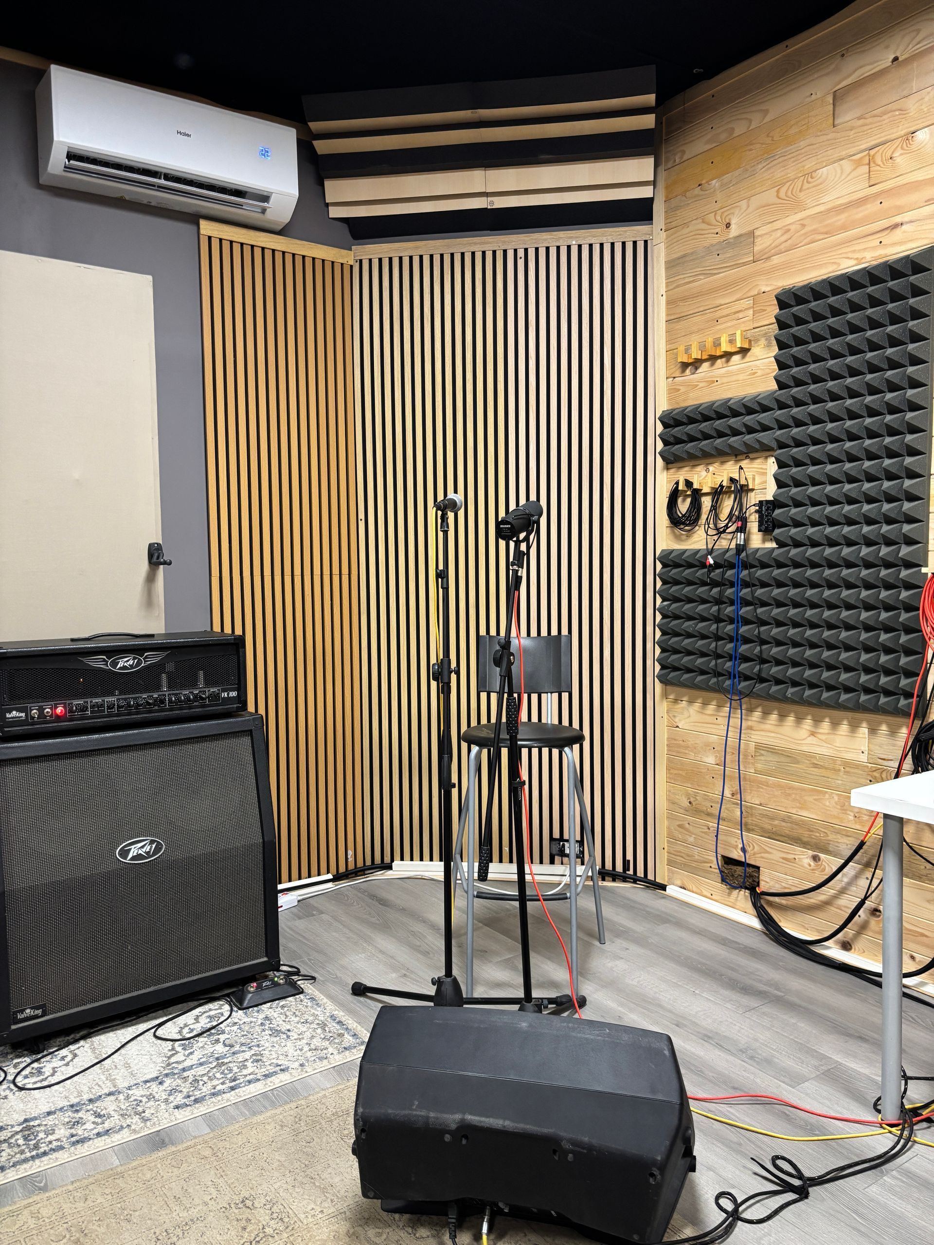 Interno dello studio di registrazione, dotato di pannelli fonoassorbenti, microfoni e apparecchiature audio.