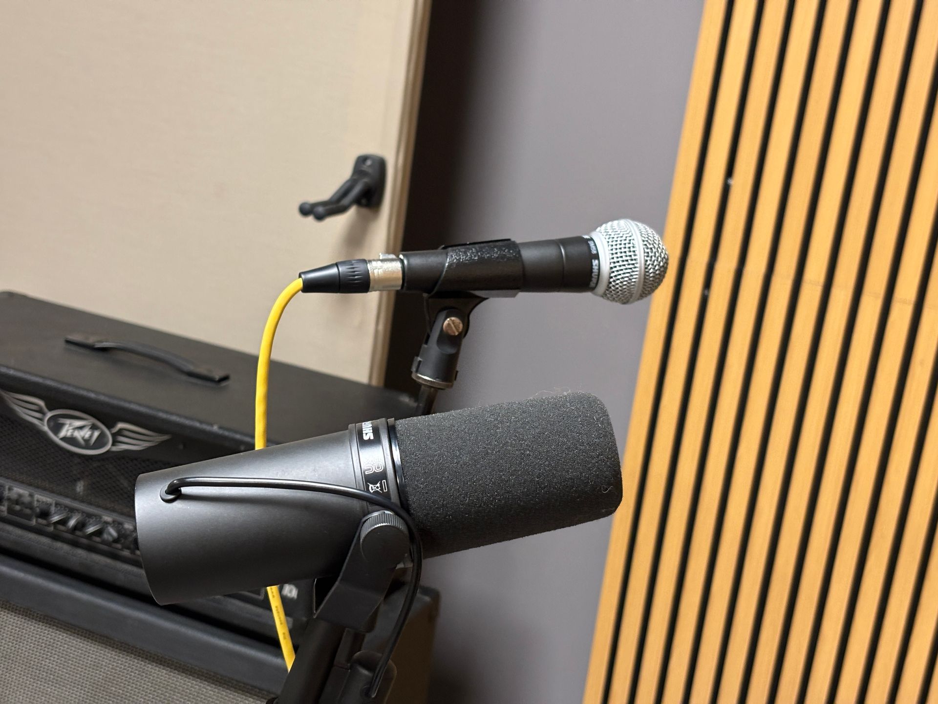 Due microfoni su supporti in uno studio di registrazione. Cavo giallo visibile. Uno su un amplificatore.