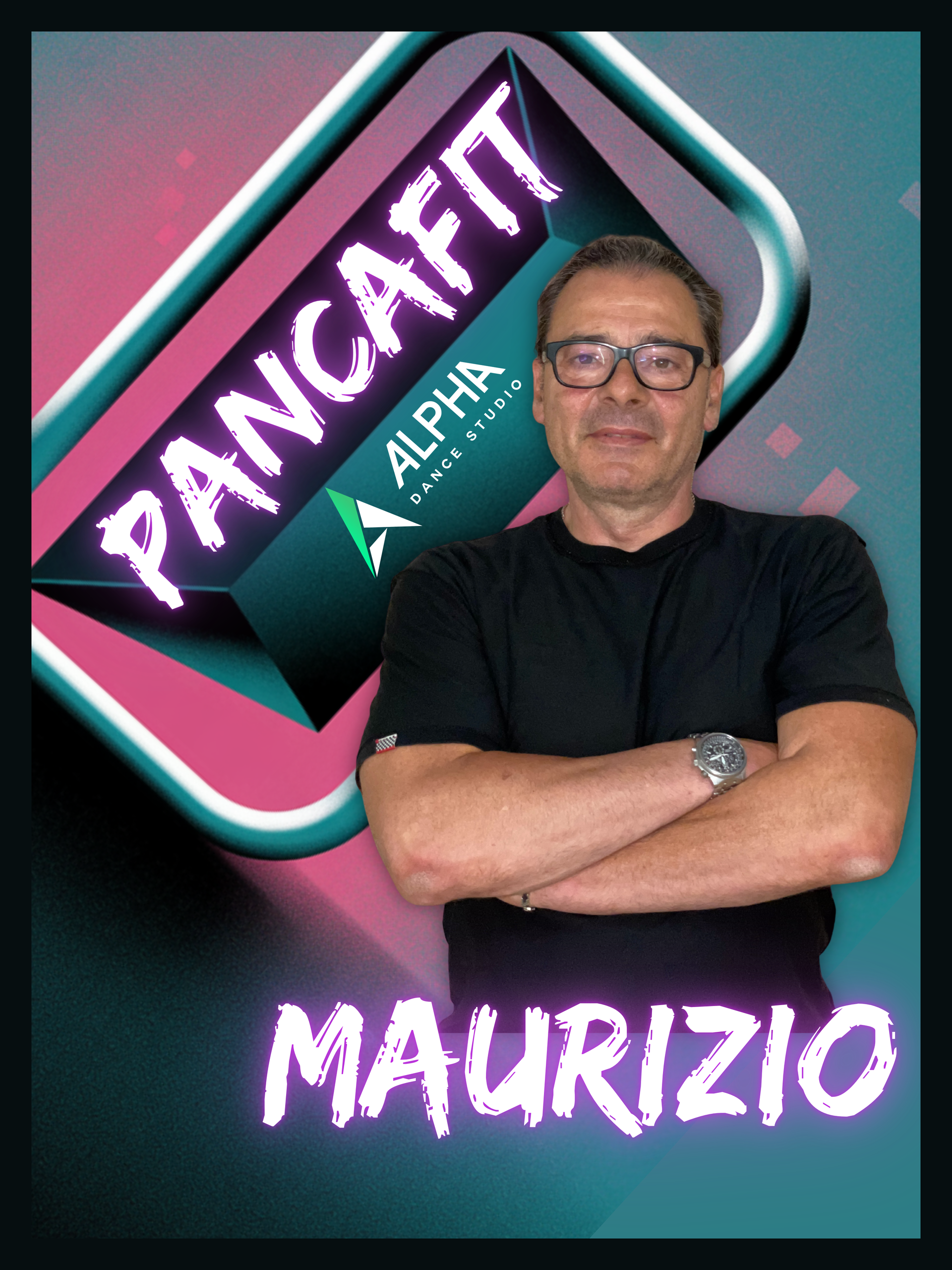 Uomo con occhiali e braccia incrociate, logo Pancafit, scritta 