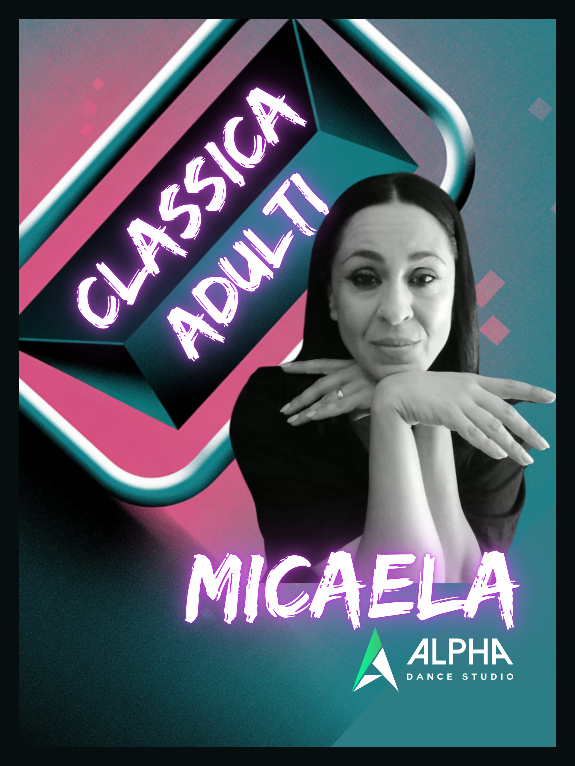 Chiara sorride, con le braccia incrociate, accanto al logo Tango Alpha su sfondo rosa e nero.