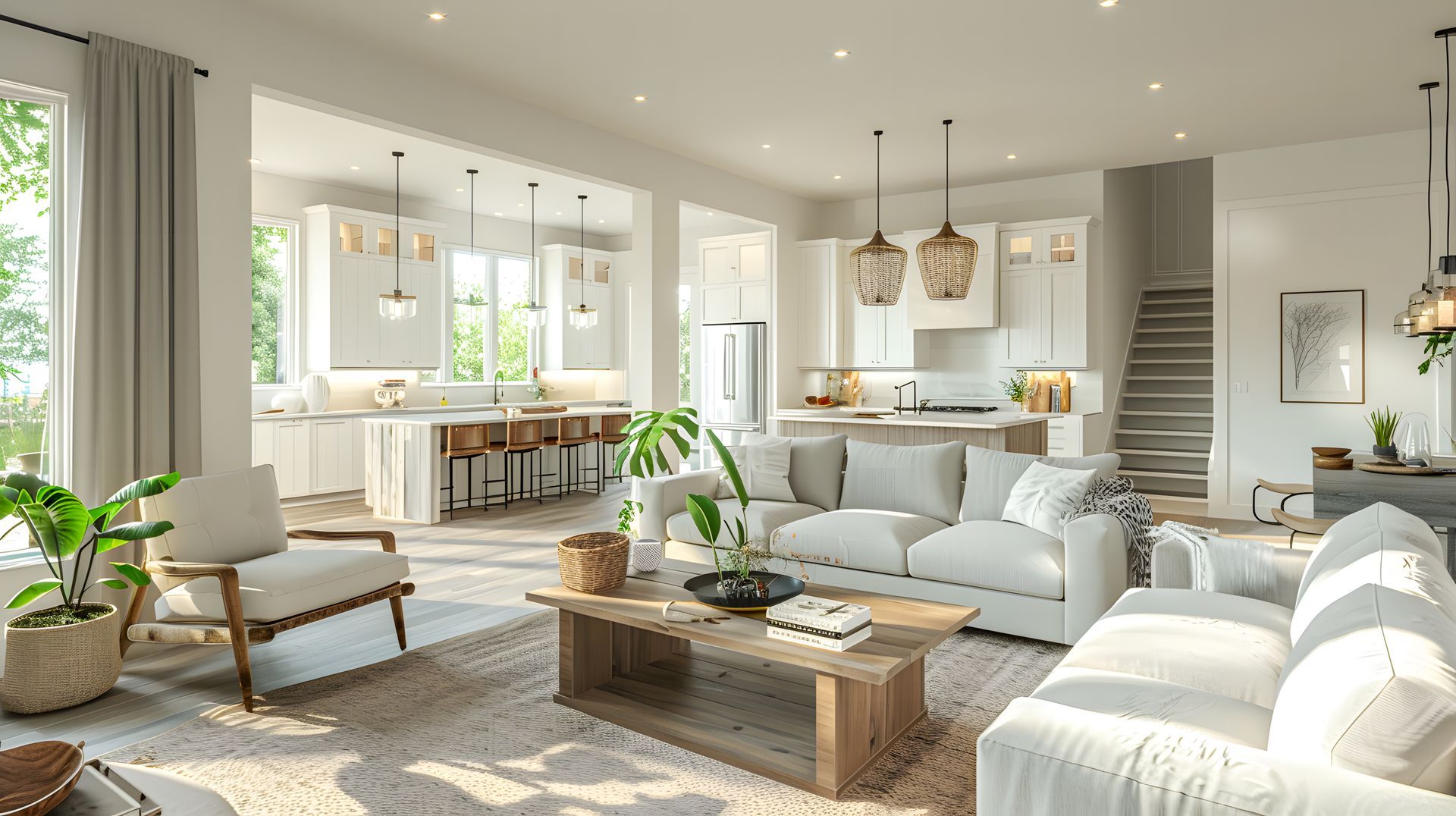 Bright living room with open kitchen. White walls, light wood furniture, large windows. Bright living room with open kitchen. White walls, light wood furniture, large windows.