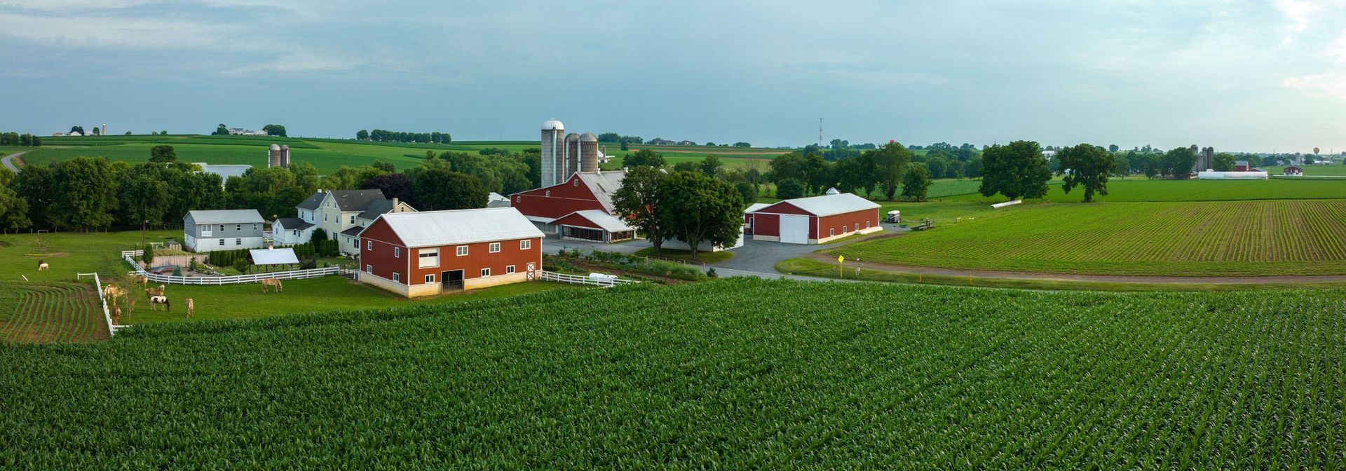 An aerial view of a farm with a red barn in the middle of a green field.