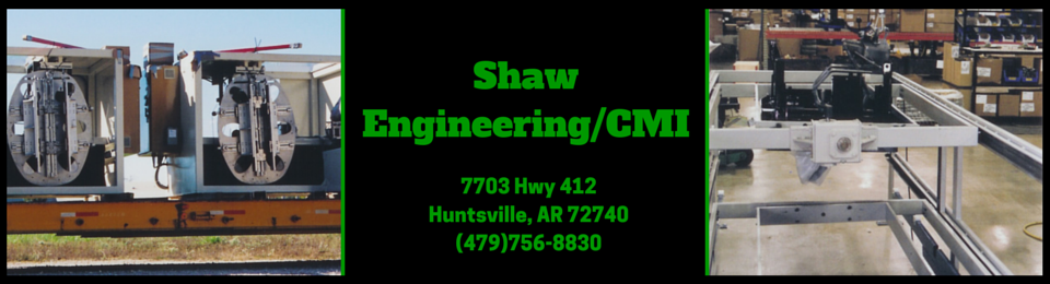 Shaw Engineering/CNM logo with industrial equipment photos and green text on a black background