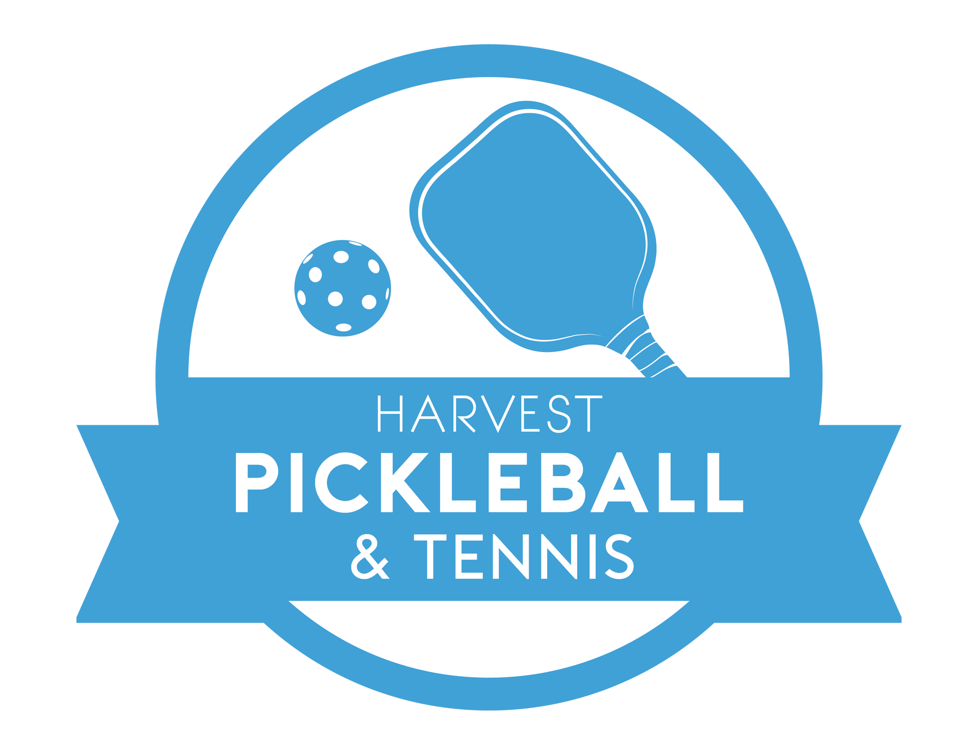 Blue Harvest Pickleball & Tennis logo with paddle, ball, and ribbon.
