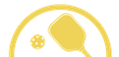 Yellow pickleball paddle and ball inside a yellow semi-circle.