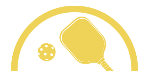 Yellow pickleball paddle and ball inside a yellow semi-circle.