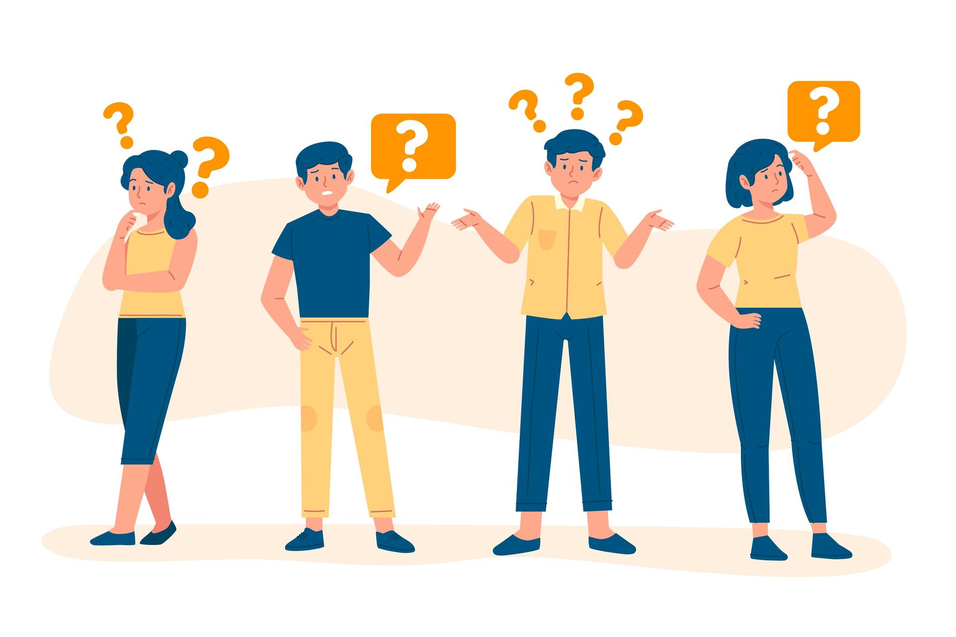 A group of people standing next to each other with question marks above their heads.