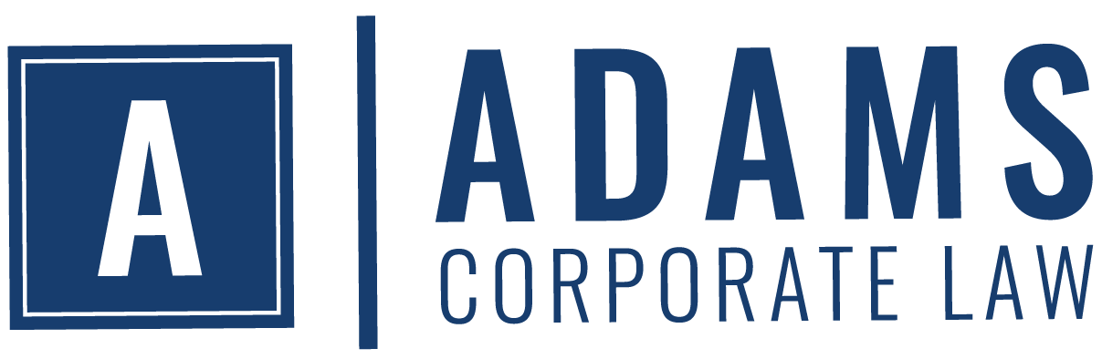 The logo for adams corporate law is blue and white