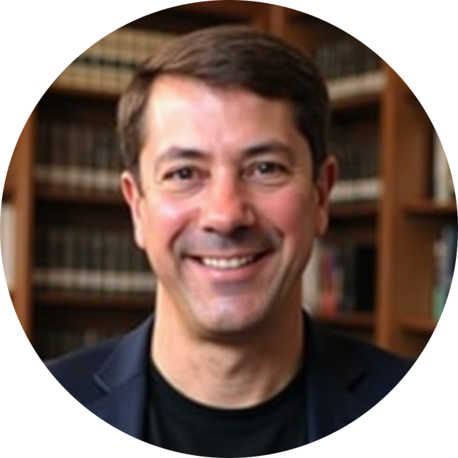 A man in a suit and blue shirt is smiling in a circle.