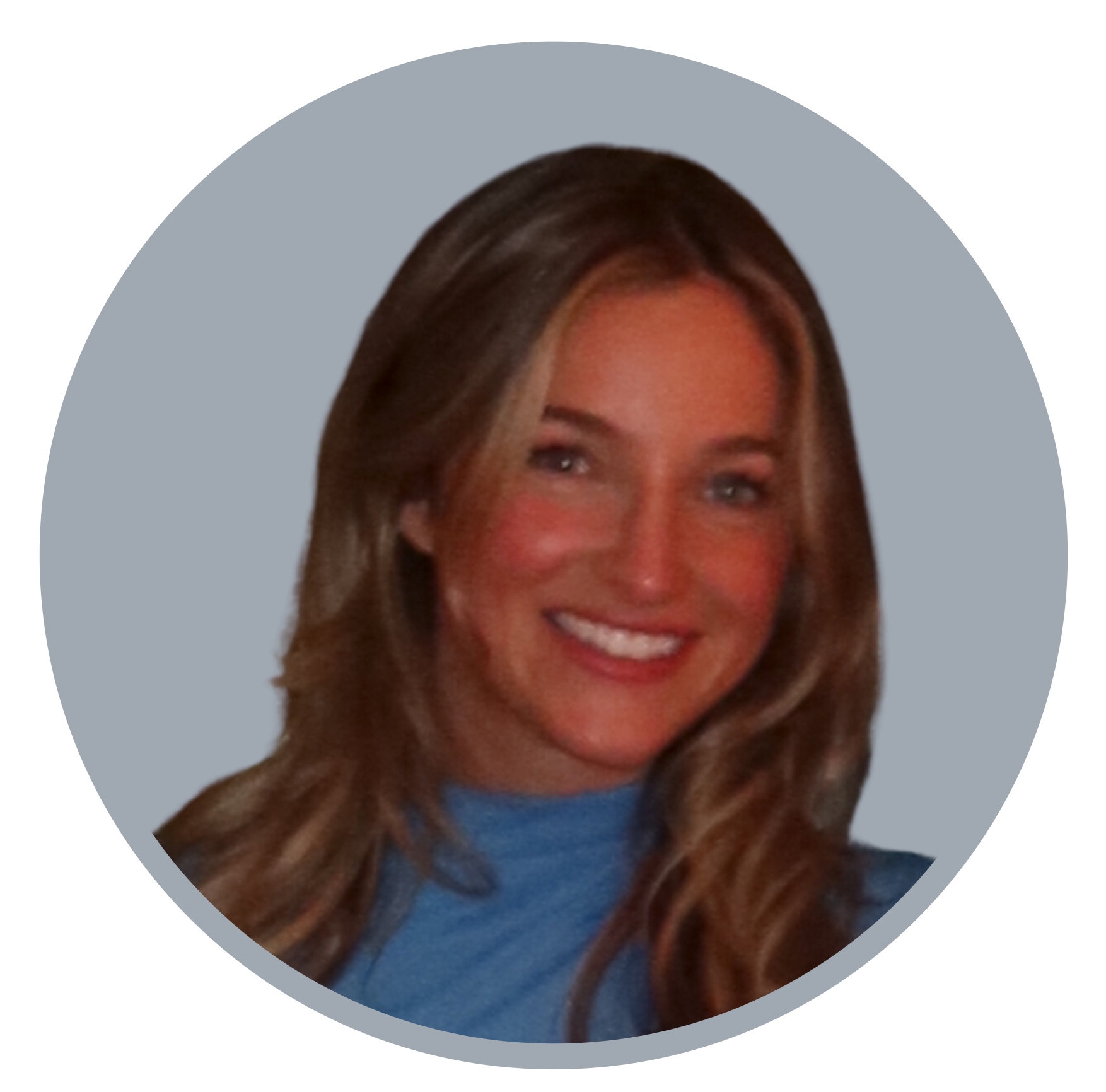 A woman in a blue shirt is smiling in a circle