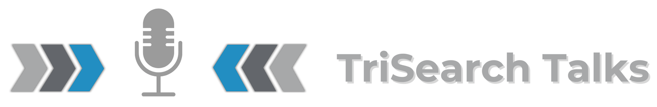 A logo for trisearch talks with a microphone and arrows