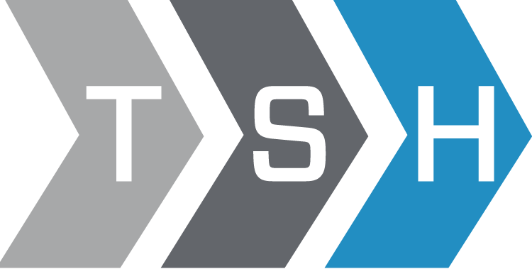 A logo for a company called tsh with three arrows pointing in opposite directions