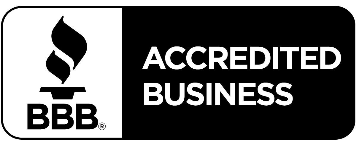 The bbb logo is black and white and says accredited business.