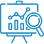 A blue line icon of a board with a graph and a magnifying glass.