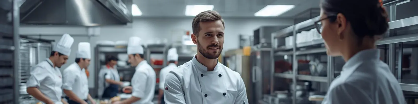 Professional kitchen staff preparing food in a bright, modern restaurant kitchen