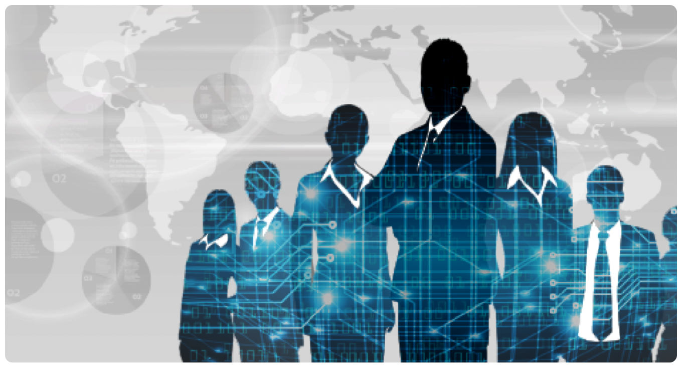 A group of people standing in front of a world map
