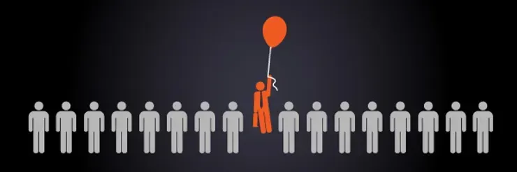 A row of people with a red balloon in the middle