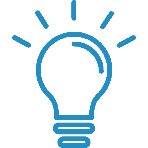 A blue light bulb with rays coming out of it on a white background.