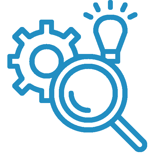 A magnifying glass is surrounded by gears and a light bulb.