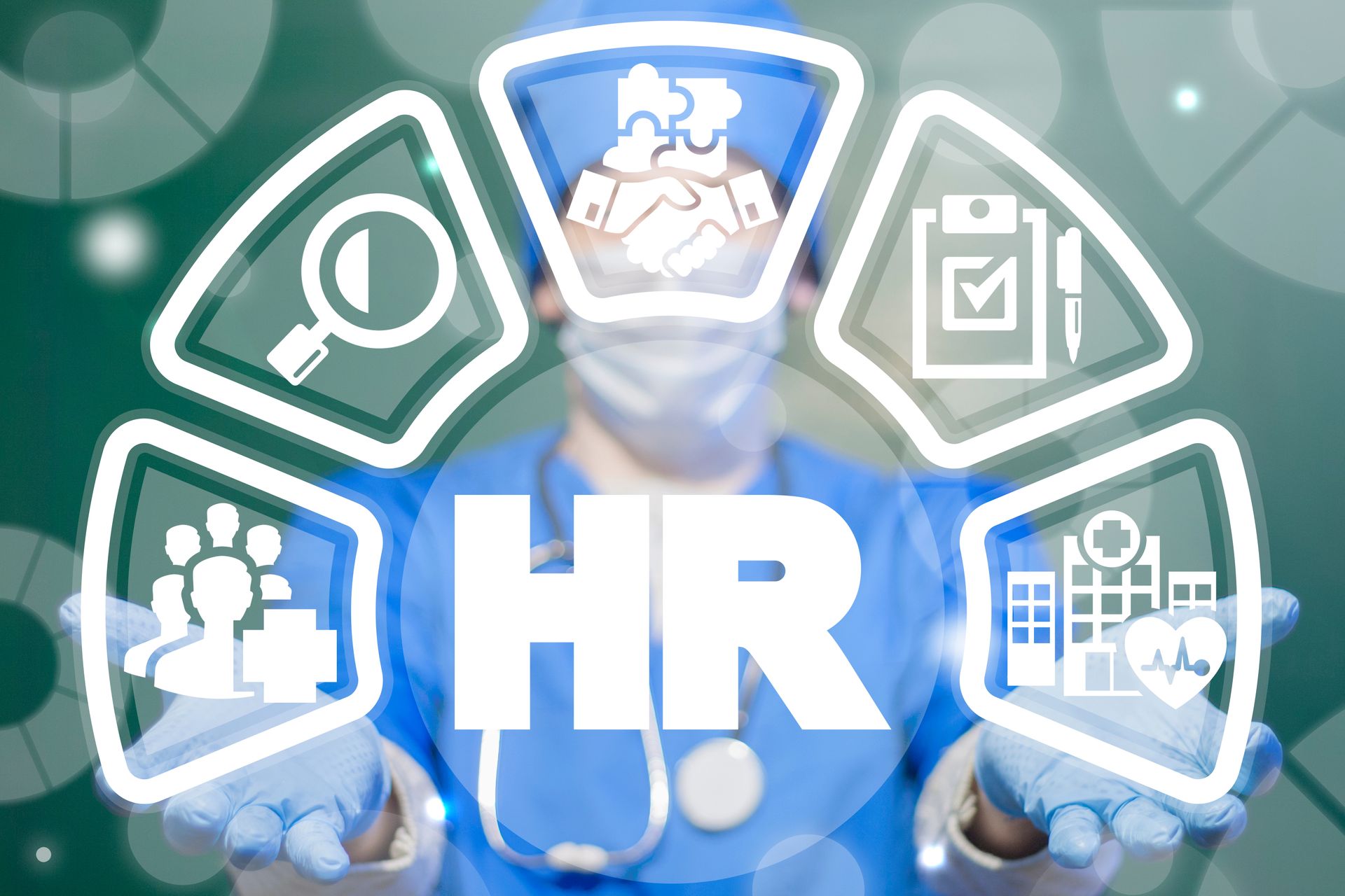 A surgeon with a stethoscope around his neck is surrounded by hr icons
