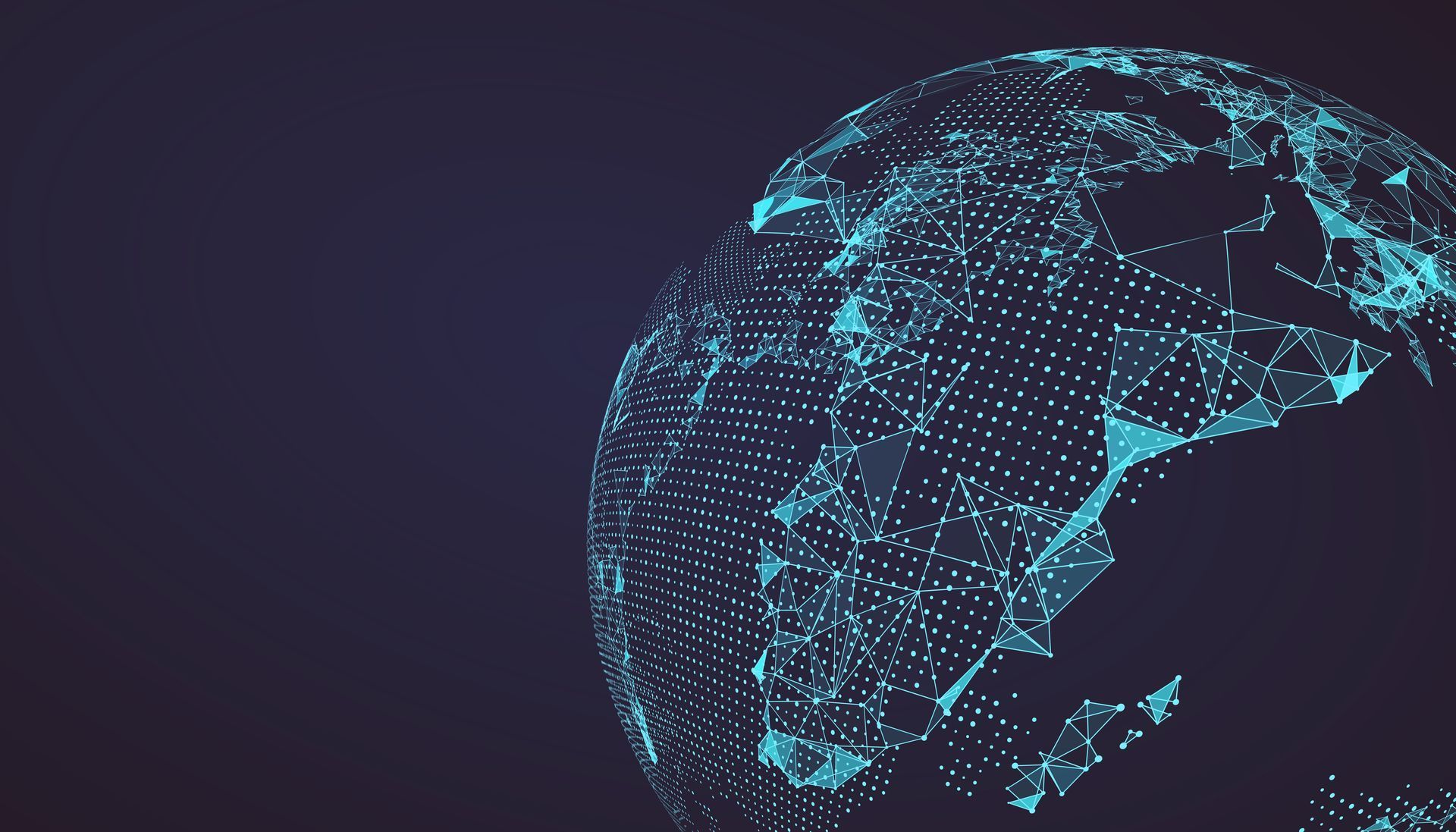 A globe made of dots and lines on a dark blue background.