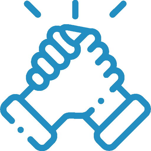 A blue icon of two hands shaking each other.
