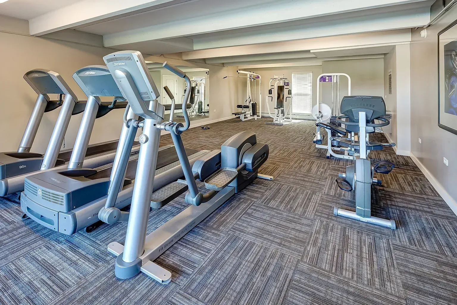 Treadmills, ellipticals, and weight machines in a well-equipped fitness center.
