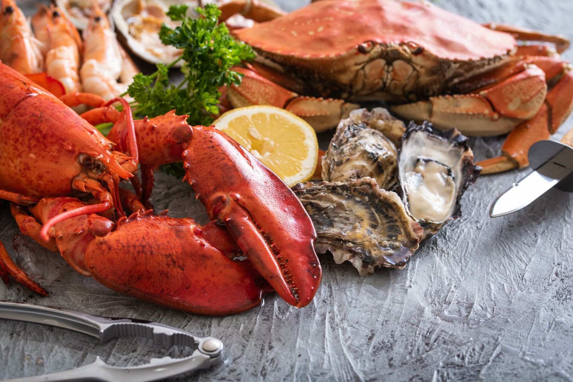 Seafood platter with lobster, crab, oysters, shrimp, lemon, and parsley on a gray table