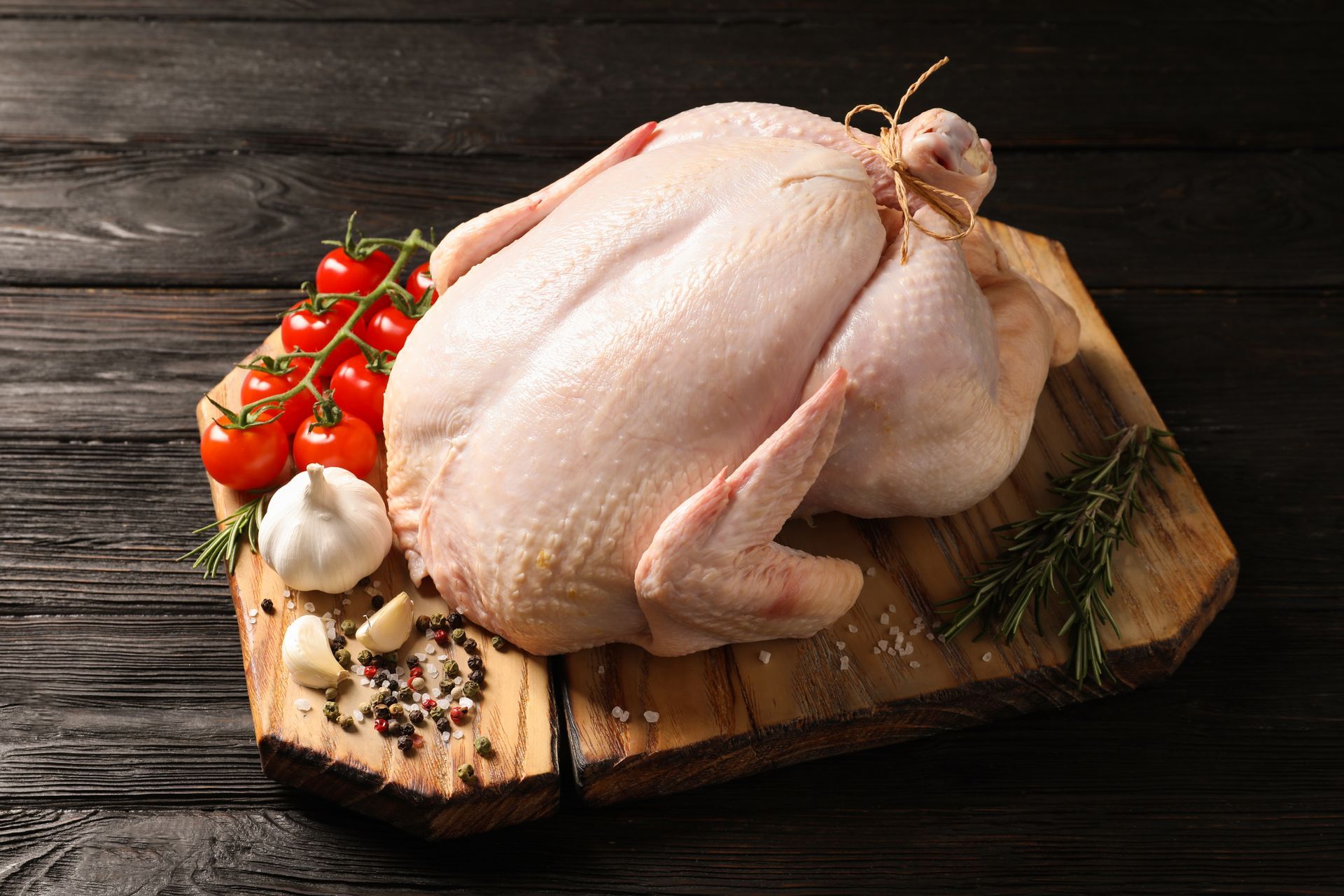 Raw whole chicken on a wooden cutting board with cherry tomatoes, garlic, herbs, and peppercorns Raw whole chicken on a wooden cutting board with cherry tomatoes, garlic, herbs, and peppercorns