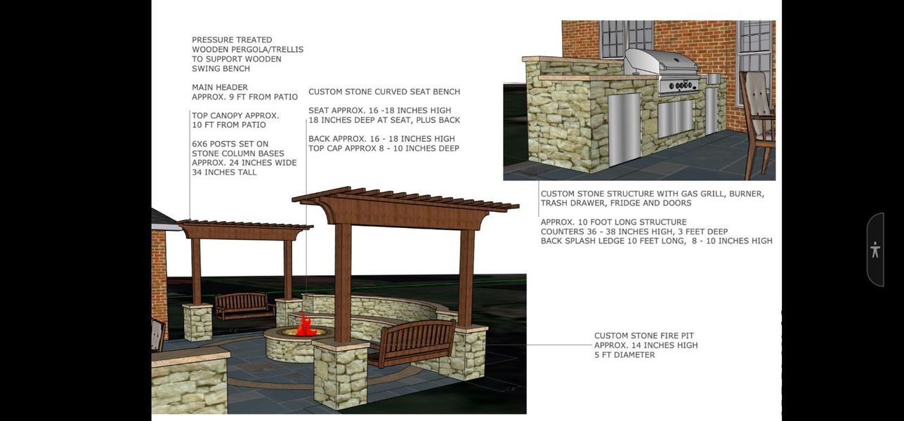 Architectural concept board showing a stone-and-wood patio gazebo design with renderings and notes