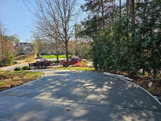 Driveway leading to a landscaped yard with trees, shrubs, and parked vehicles in the distance.
