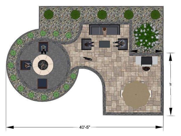 Top-down patio layout with stone seating areas, circular fire pit, and potted plants.