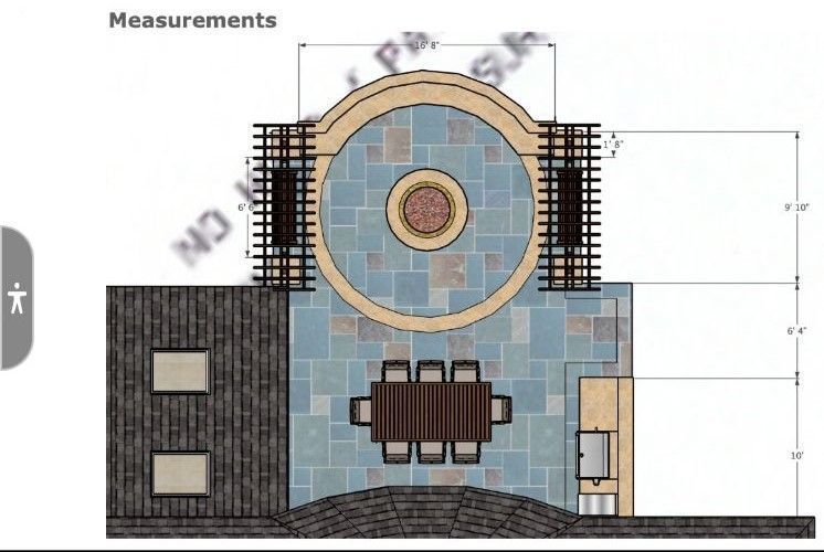 Technical drawing of a round blue-and-tan building front with measurement guides and dimensions.
