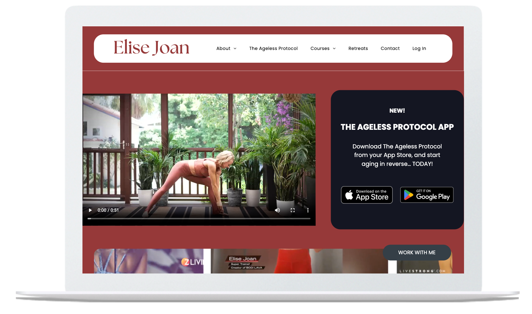 Laptop displaying a website with a woman doing a plank. App advertisement visible.