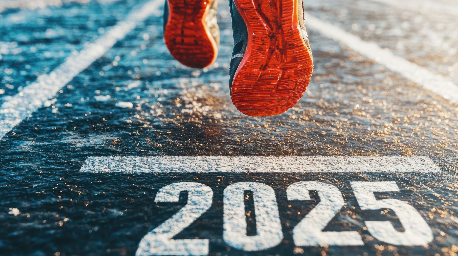 A person is running on a track with the number 2025 painted on the ground.