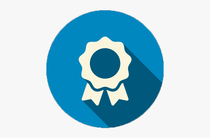 Blue circle with a white award badge, long shadow.