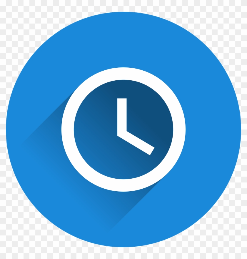 White clock icon on a blue circle, indicating the time.