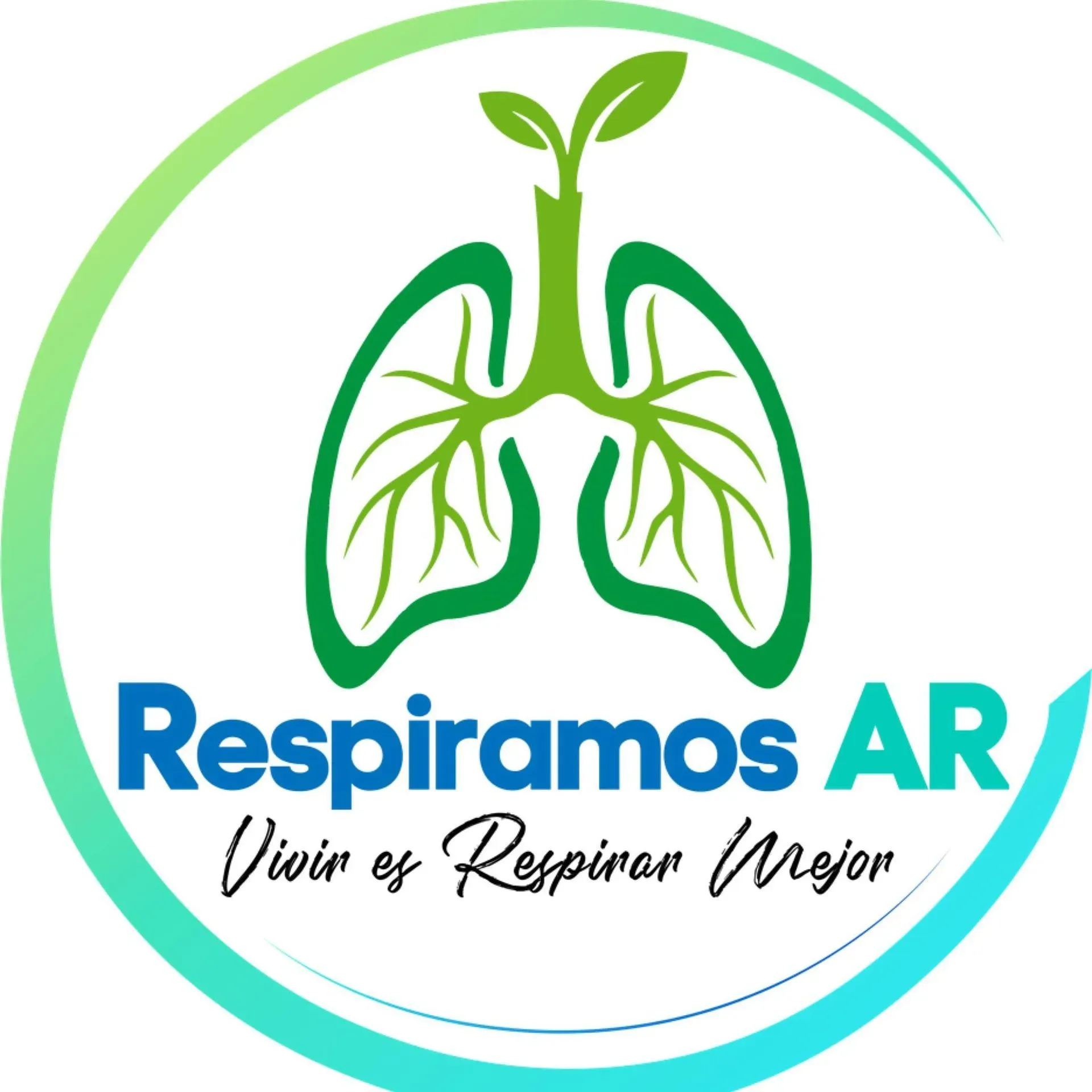 Logo de Respiramos AR con pulmones verdes y lema “Vivir es Respirar Mejor” en azul y turquesa