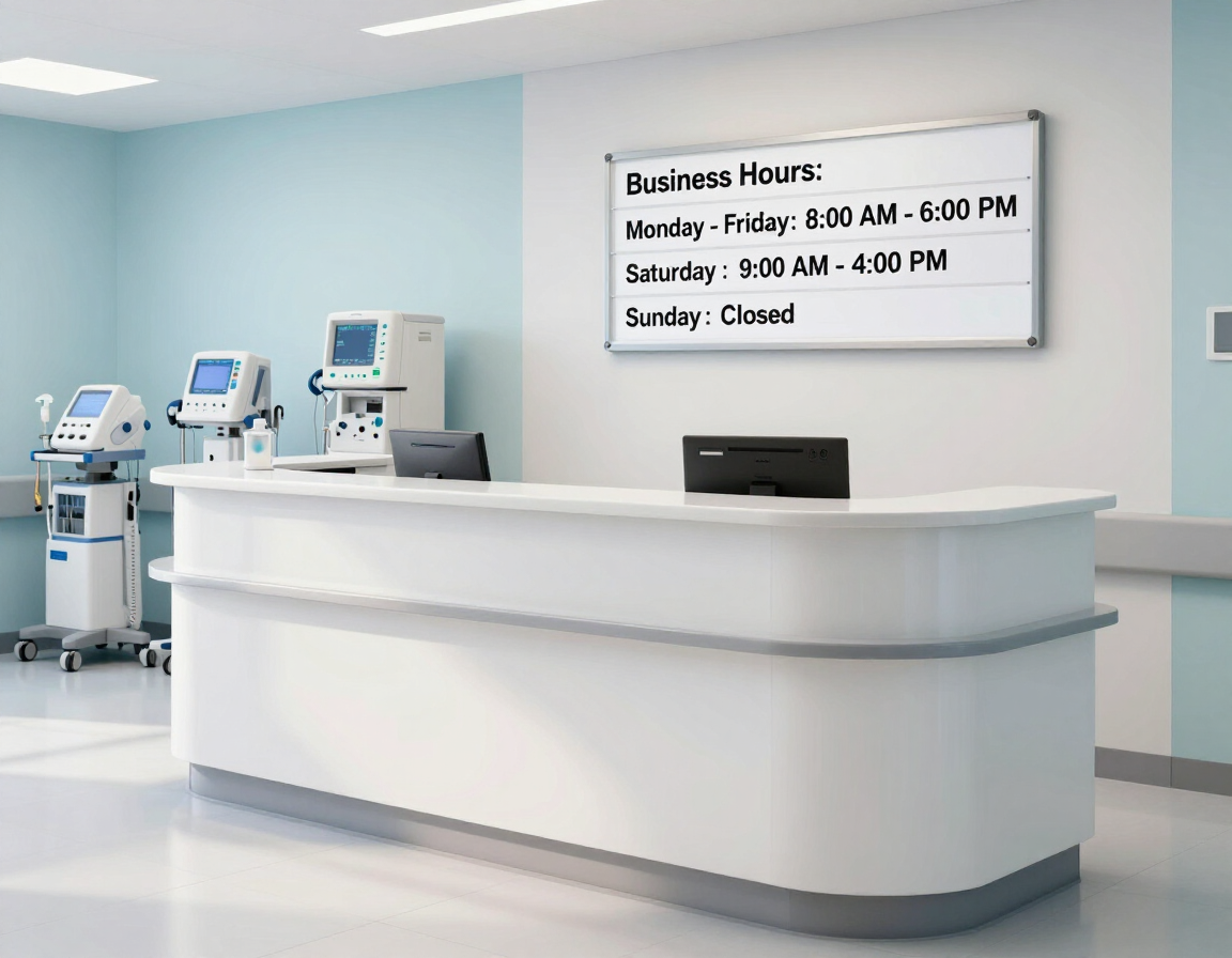 Mostrador de recepción médica moderno en una clínica luminosa con monitores para pacientes y letrero con el horario de atención.