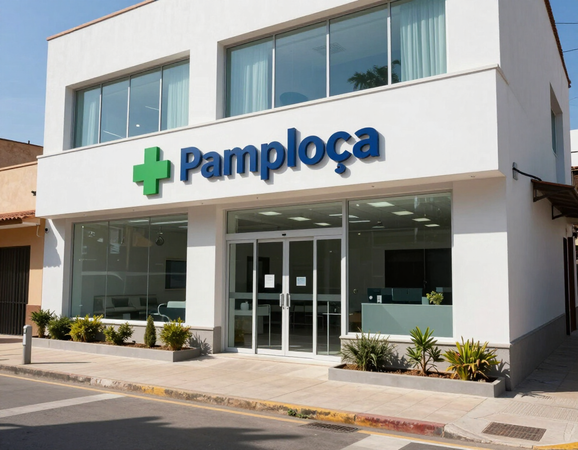 Fachada de farmacia en Pamploça con letrero de cruz verde y entrada de cristal en una calle soleada.